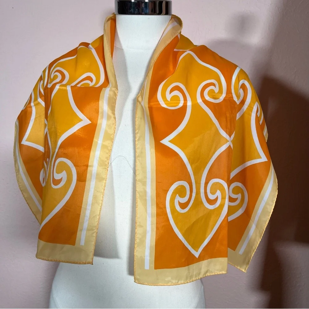 Vintage 60 70 Mod Retro Art Deco Orange Yellow Long Skinny Scarf - Picture 9 of 16